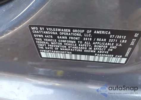 2013 Volkswagen Passat S z USA, uszkodzony, nr VIN 1VWAP7A33DC007754